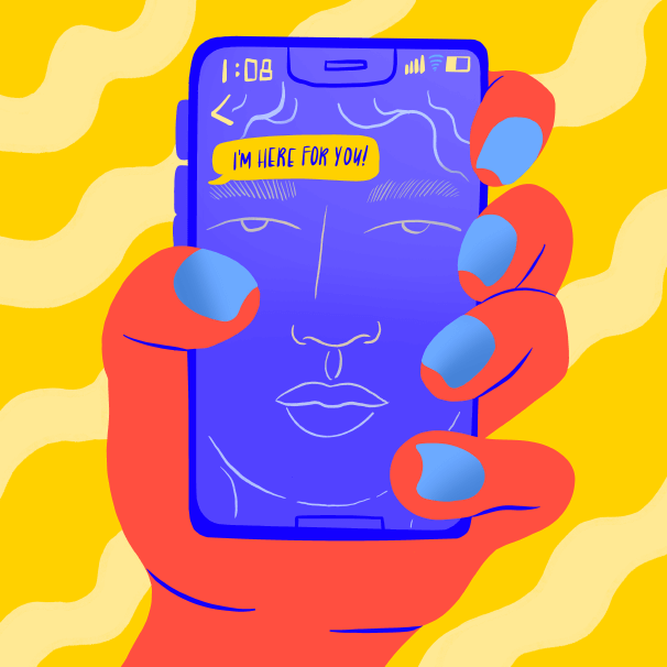 Illustration of a hand holding a phone, showing an incoming text that says, "I'm here for you!" above the reflection of the person's face