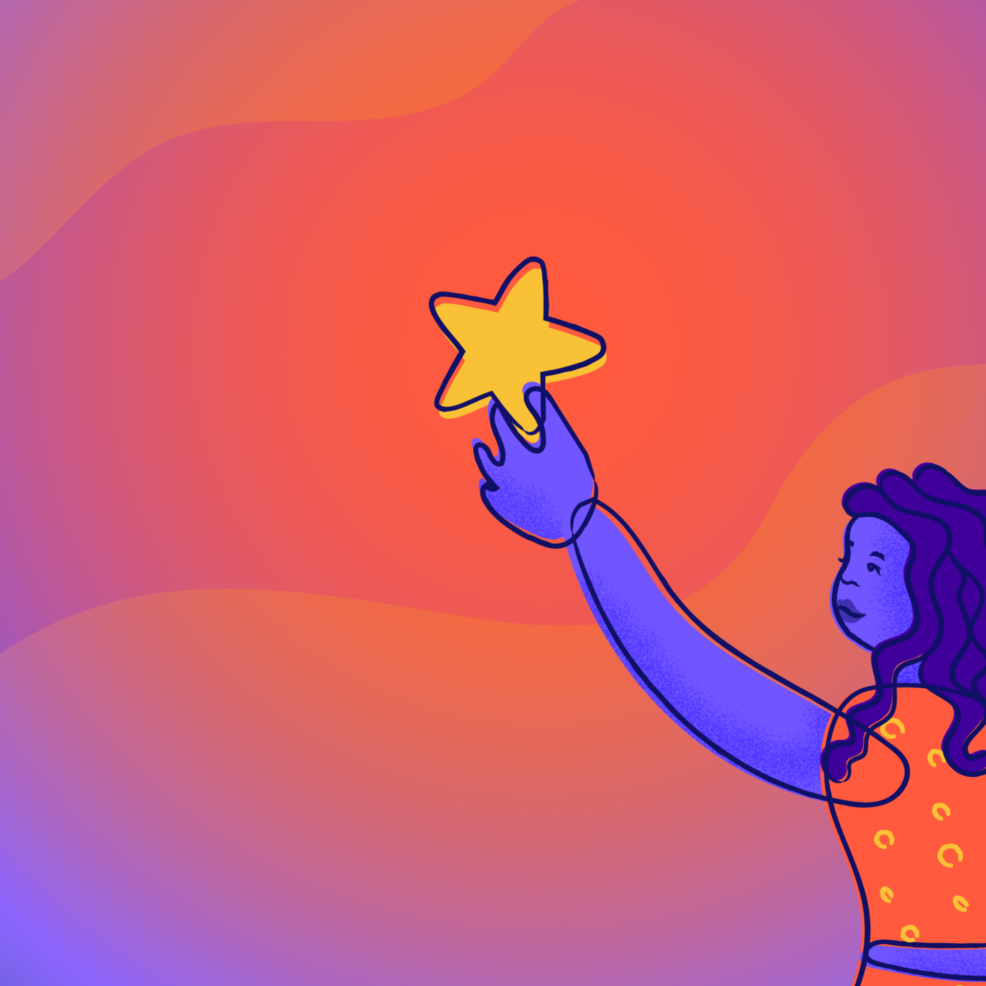 No text. Orange and purple gradient. Illustration of person holding a star