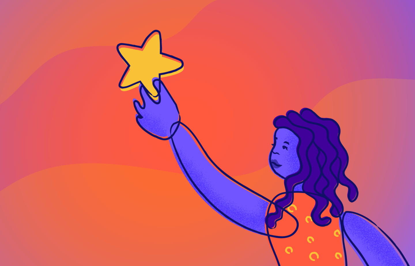 No text. Orange and purple gradient. Illustration of person holding a star