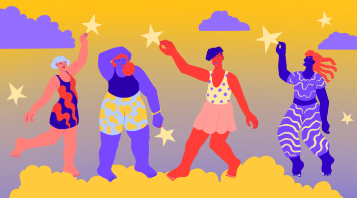 Illustration of LGBTQ young people dancing on clouds and plucking stars out of the sky.
