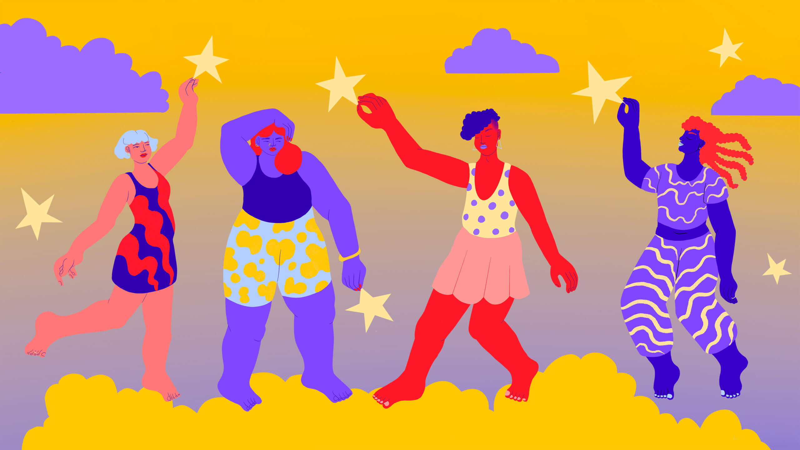Illustration of LGBTQ young people dancing on clouds and plucking stars out of the sky.