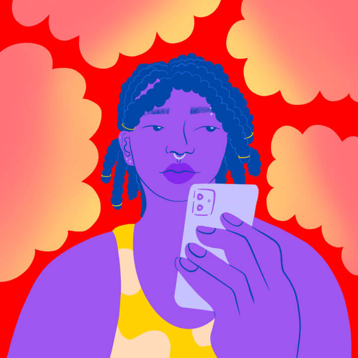 Illustration of a young person holding their phone, surrounded by calm, bright shapes similar to thought bubbles