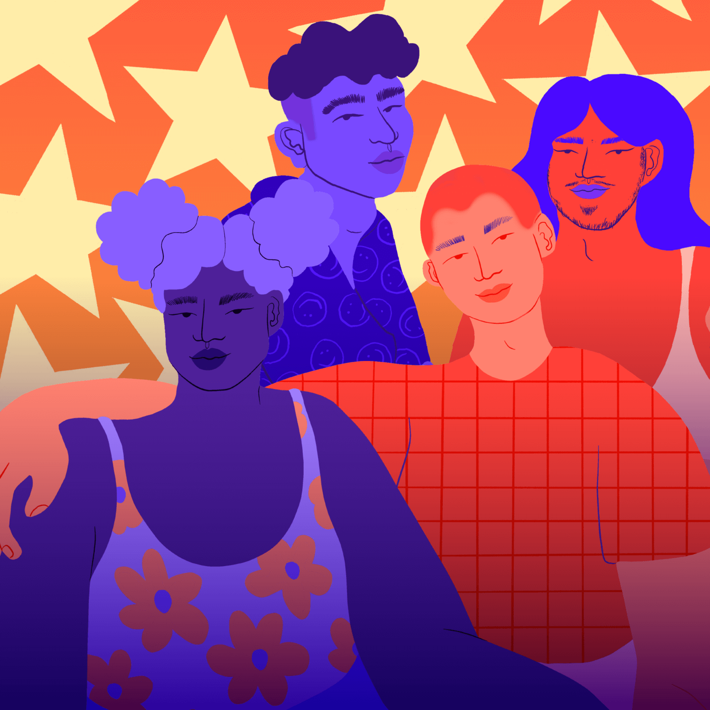 Illustration of 4 people in front of a background of stars