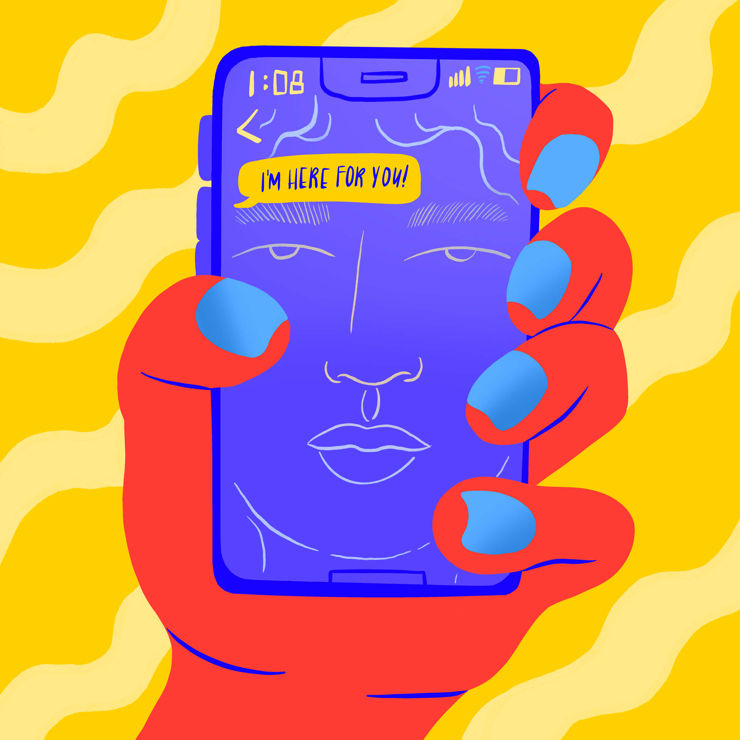 Illustration of a hand holding a phone, showing an incoming text that says, "I'm here for you!" above the reflection of the person's face