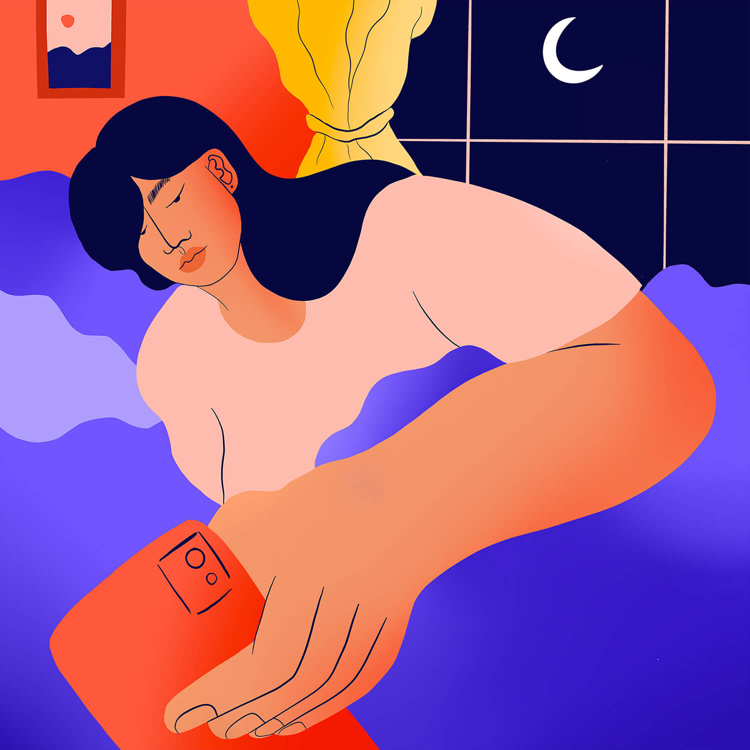 Illustration of young person at home in bed, looking at their phone with a serious expression