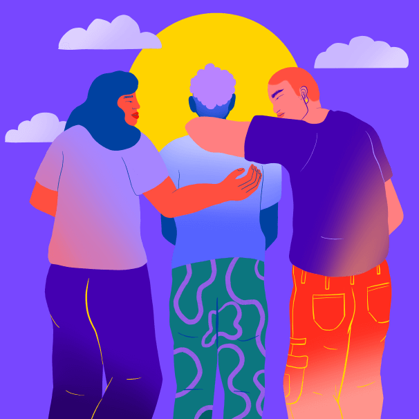 3 LGBTQ youth embracing facing the sky with sun and clouds