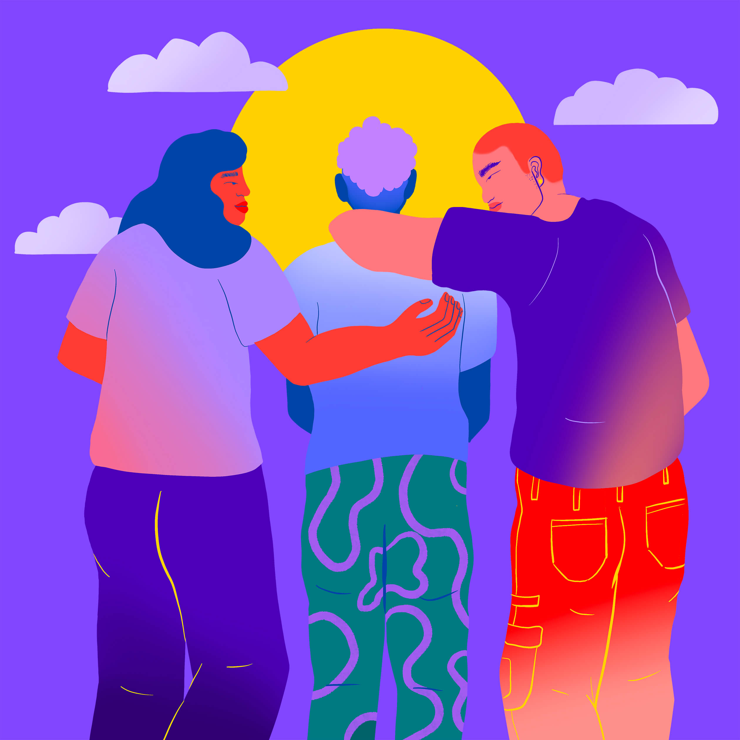 3 LGBTQ youth embracing facing the sky with sun and clouds