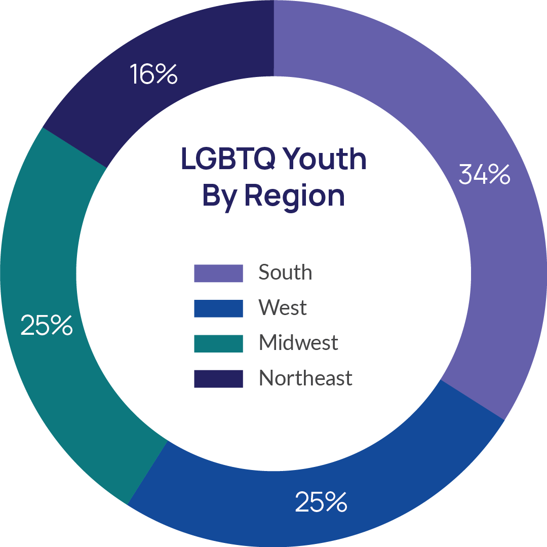 LGBTQ Youth by Region Chart: South 34%; West 25%; Midwest 25%, and Northeast 16%.