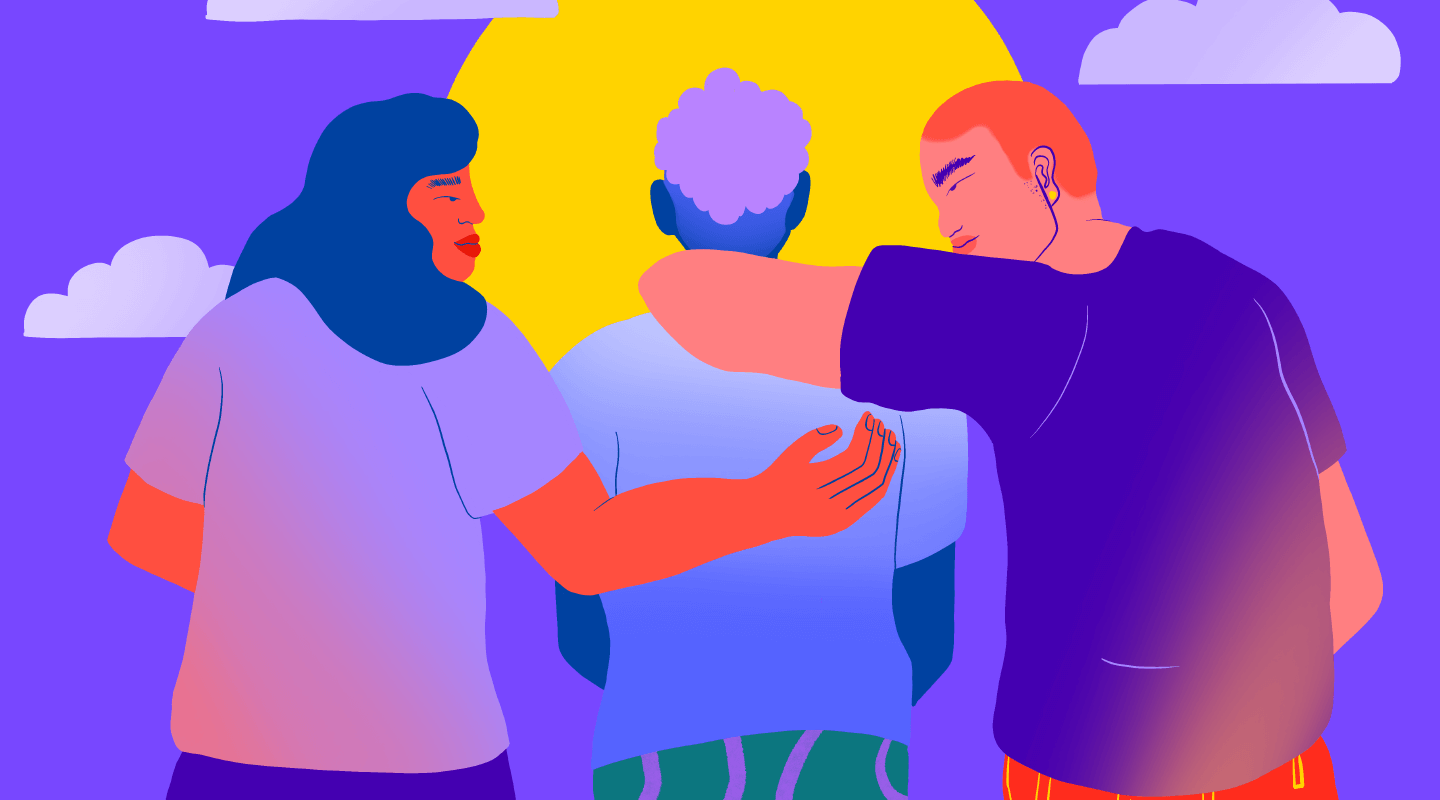 Animation of two people comforting a third with their arms around the person