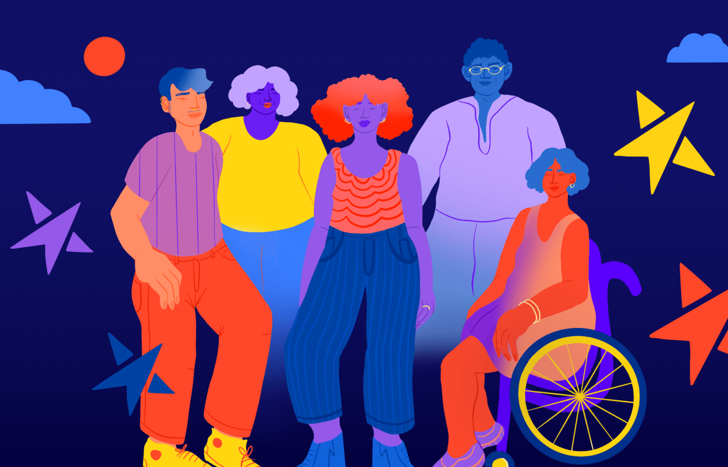 Animation of five diverse people. One of whom is in a wheelchair