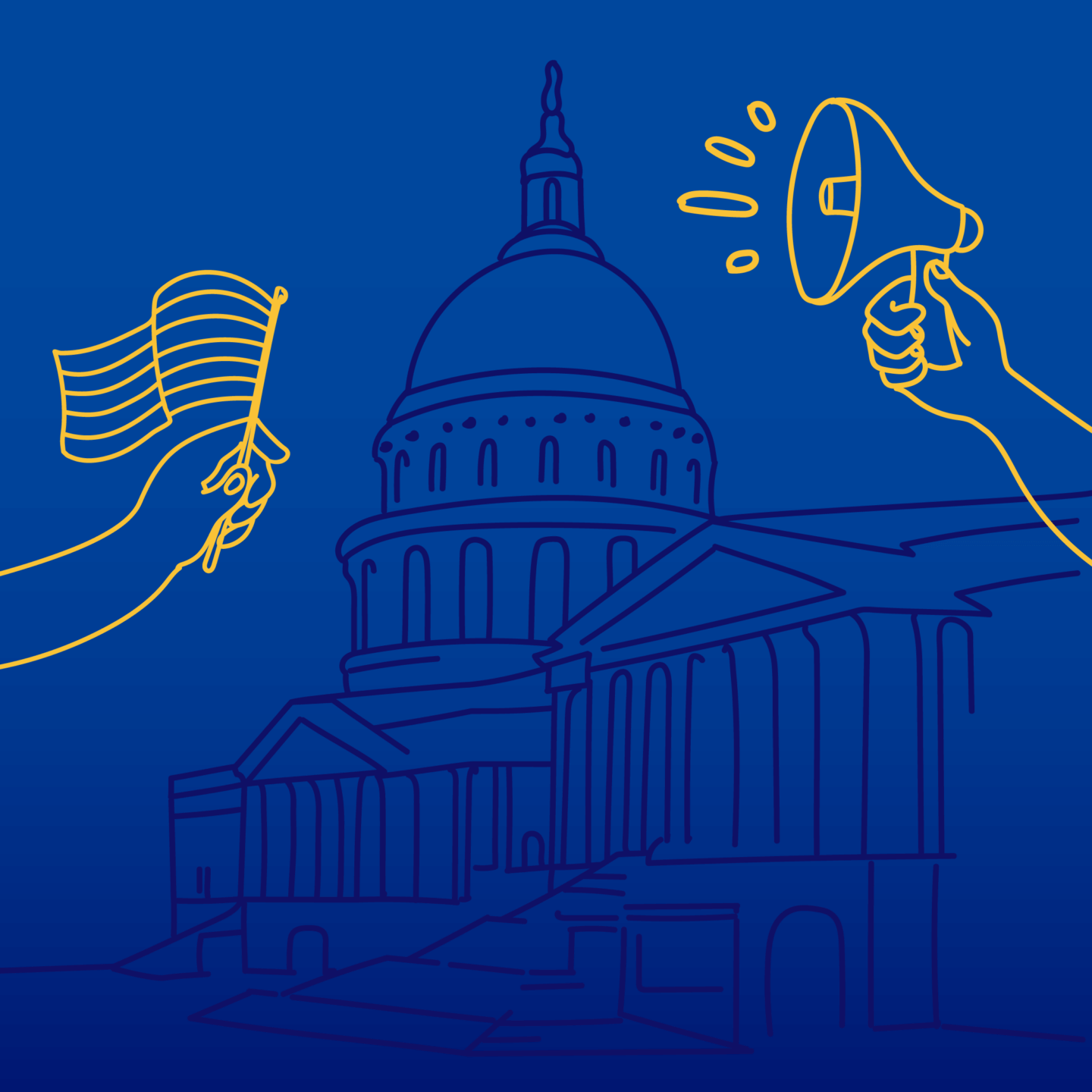 Illustration of hands holding a bullhorn and flag in front of the capital