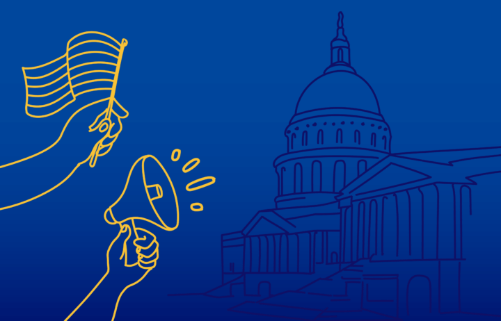 Illustration of hands holding a bullhorn and flag in front of the capital