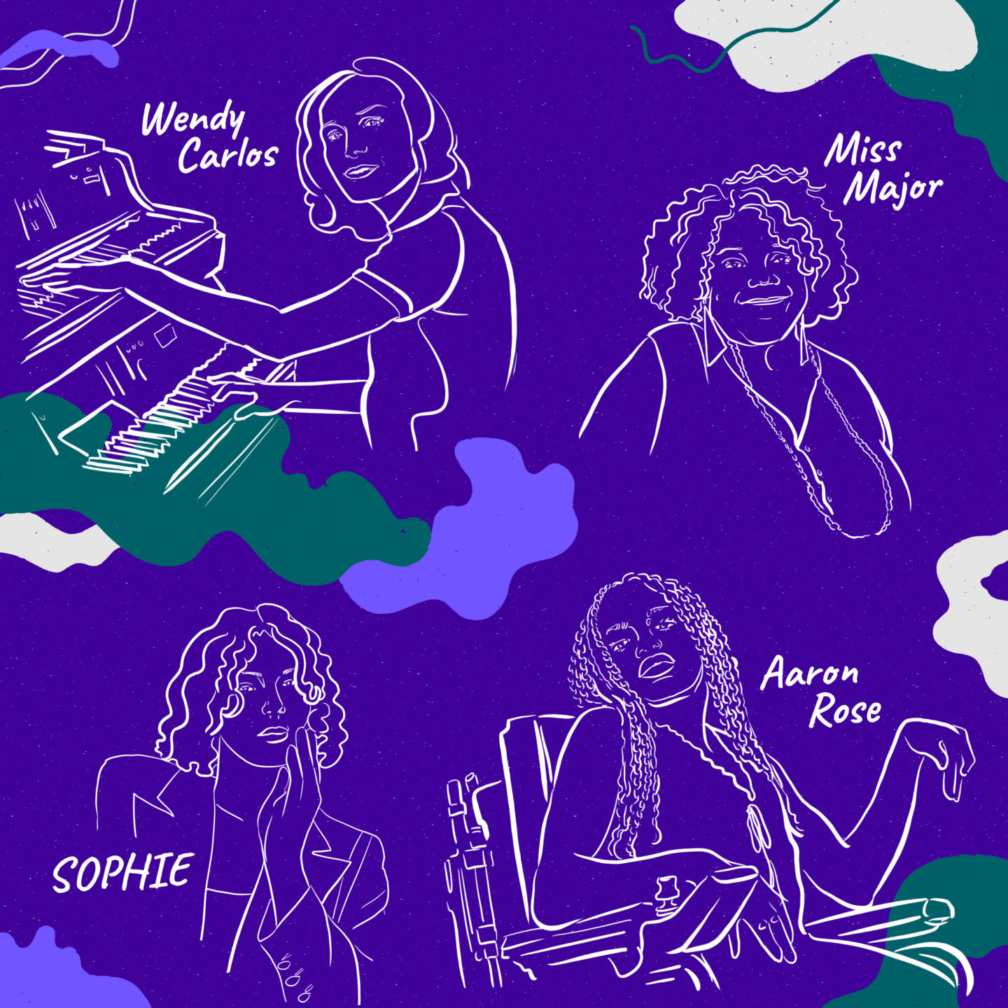 Illustration featuring Wendy Carlos, Miss Major, SOPHIE, and Aaron Rose