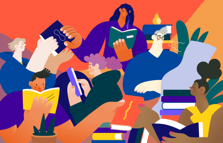 Illustration of 6 people reading books