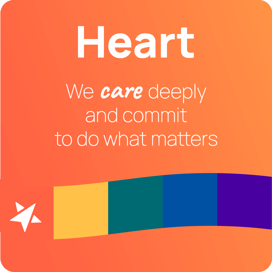 Heart: An orange gradient square that says “Heart: We care deeply and commit to do what matters” with a rainbow banner near the bottom of the square.