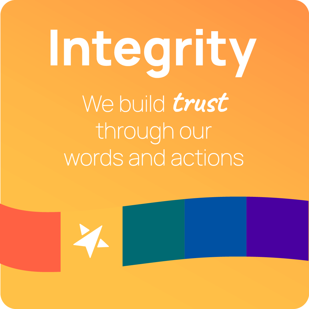 Integrity: A yellow gradient square that says “Integrity: We build trust through our words and actions” with a rainbow banner near the bottom of the square.