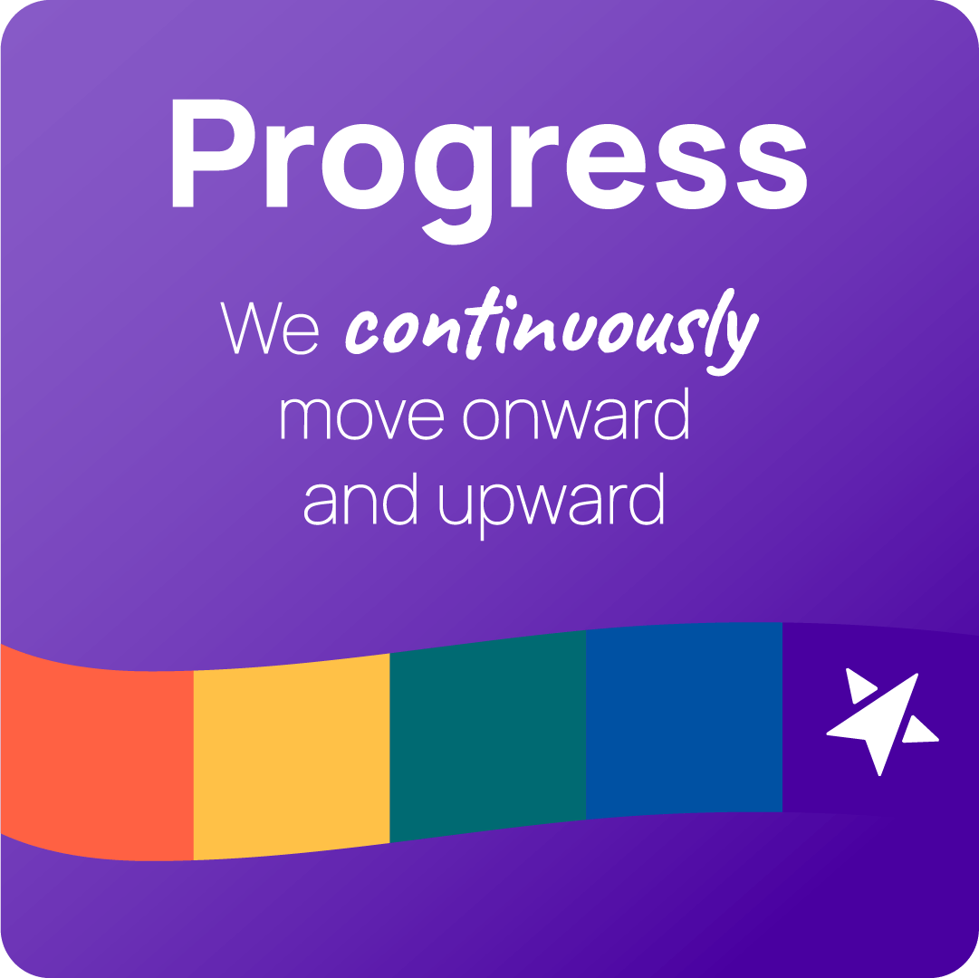Progress: A purple gradient square that says “Progress: We continuously move onward and upward” with a rainbow banner near the bottom of the square.