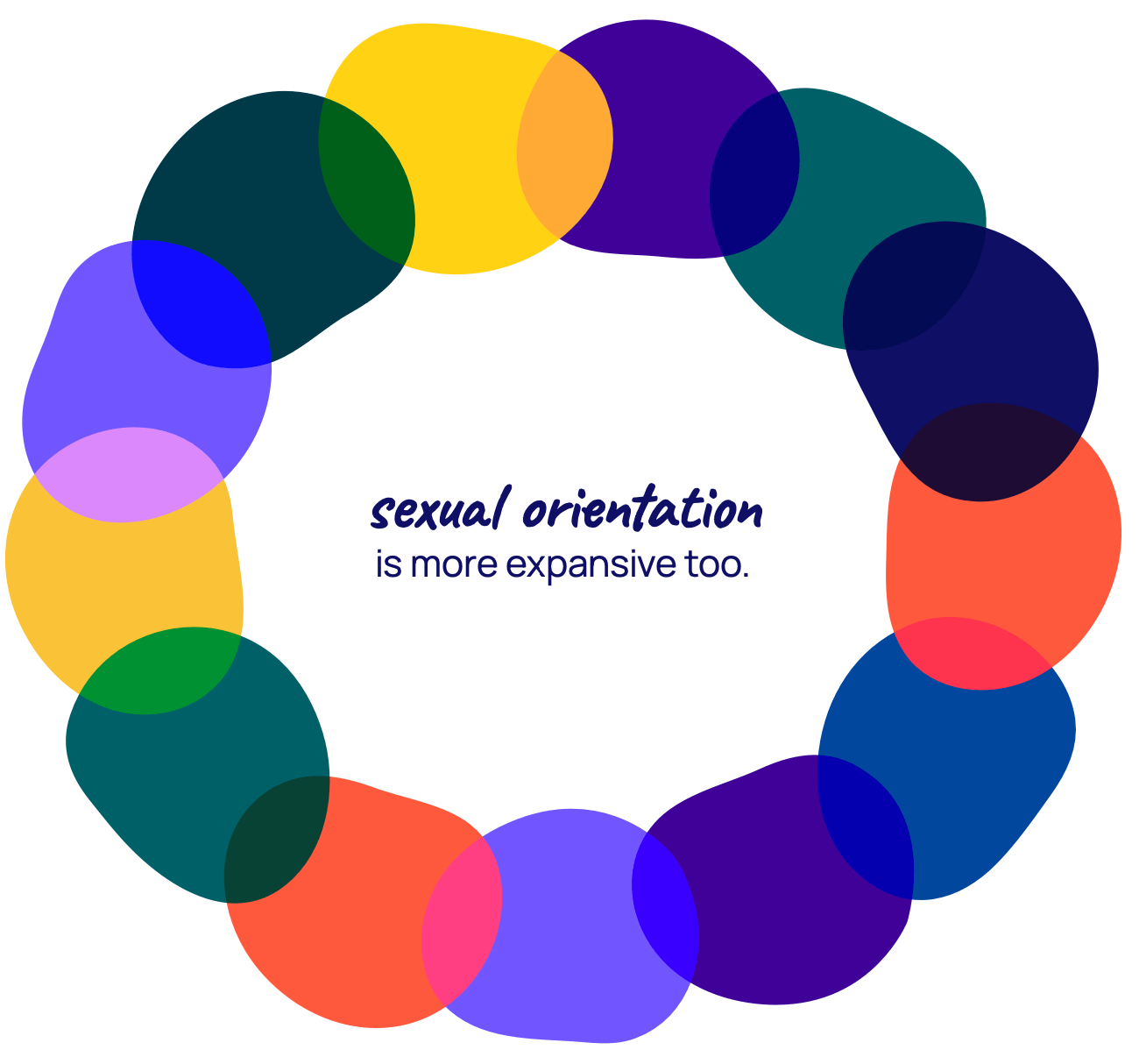 13 different colored round shapes in a circle and merging together. The graphic says "sexual orientation is more expansive too".