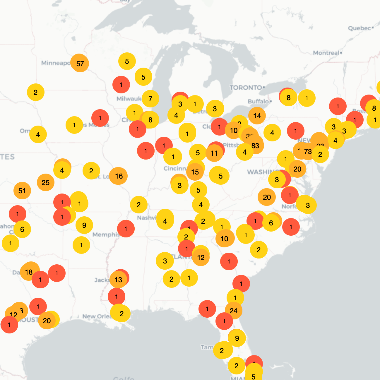 White map of the U.S. with numerous red, orange and yellow-colored markers to indicate numbers of identified conversion therapy practitioners in different geographic regions.