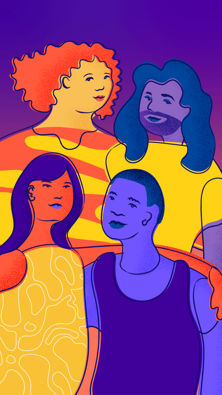 Four bright and colorful LGBTQ+ young people stand side by side and gaze with hope at the viewer, thinking of a brighter future.