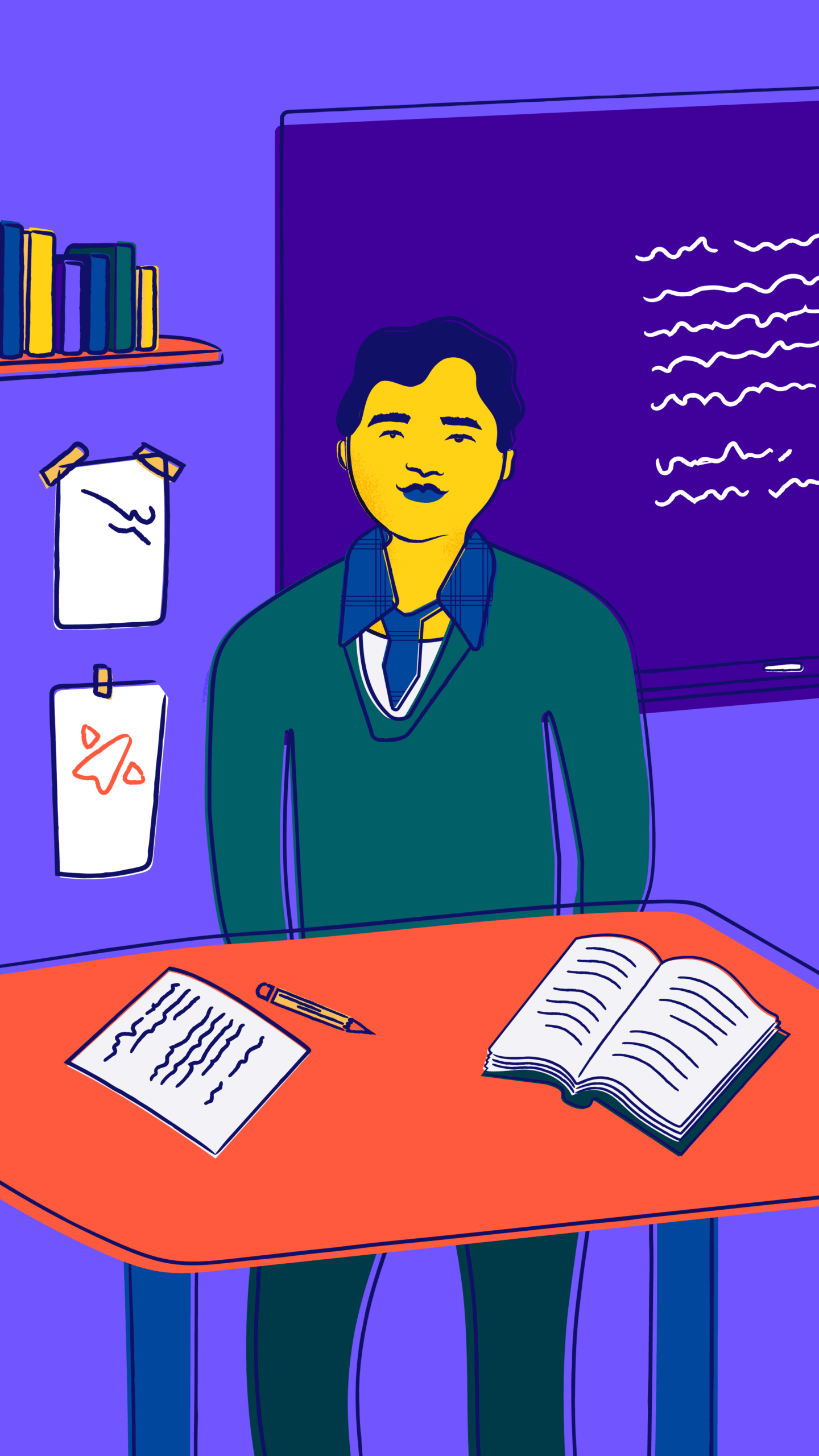 A person stands in front of a desk in a classroom, smiling at the viewer.