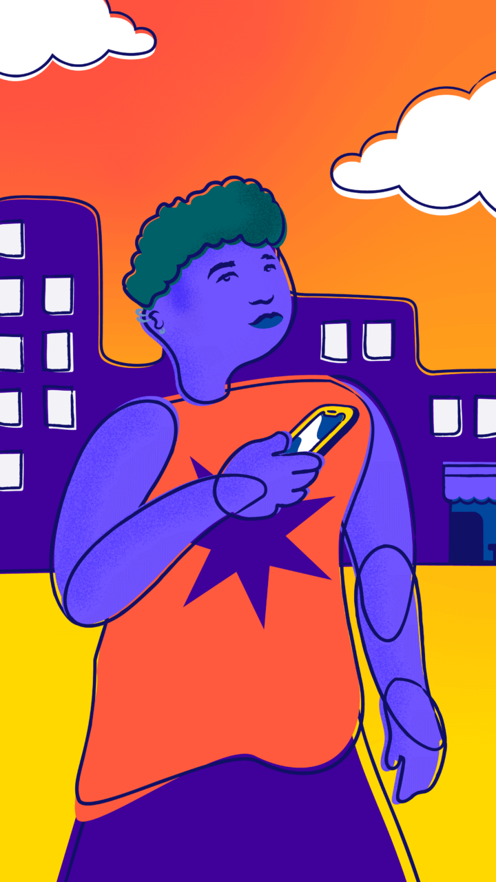 A young person with short hair and a tank top holds their phone in front of a cityscape.