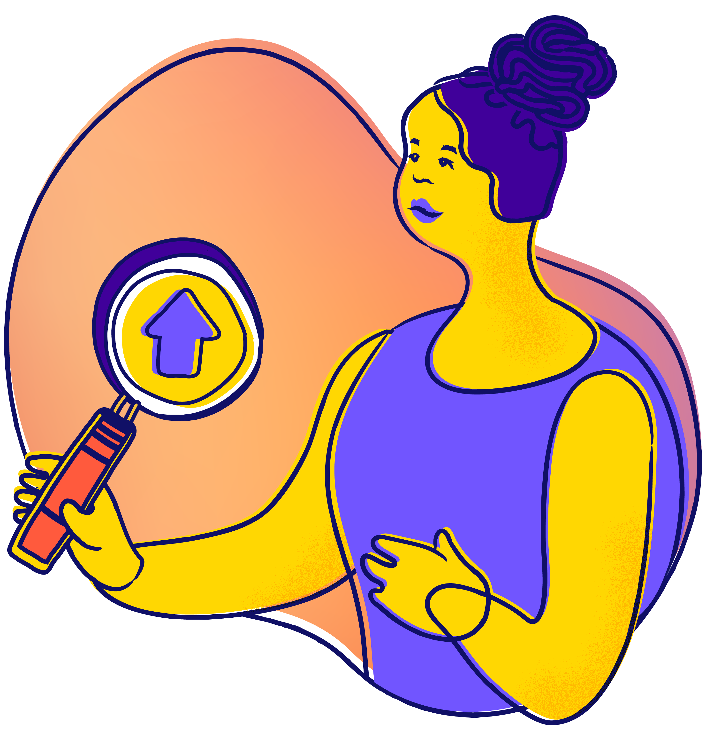 Young person holding a magnifying glass with an upward arrow