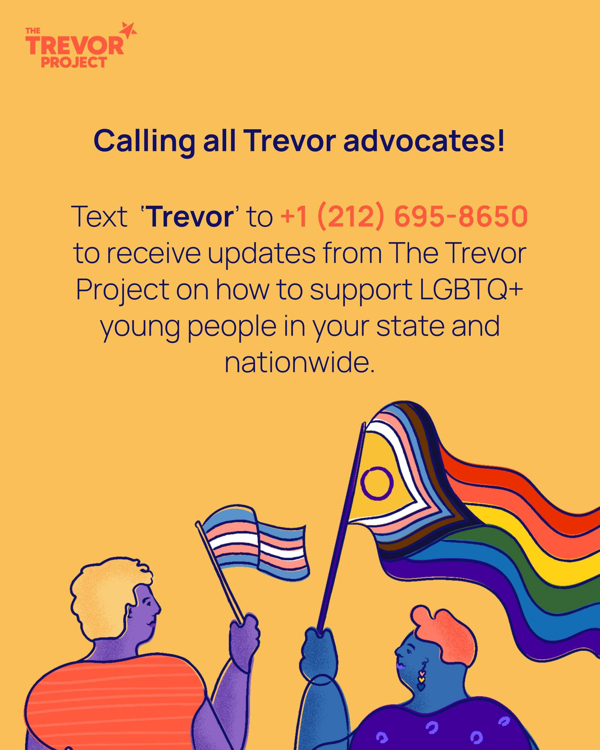 Text 'Trevor' to +1 (212) 695-8650 to receive updates from The Trevor Project on how to support LGBTQ+ young people in your state and nationwide.